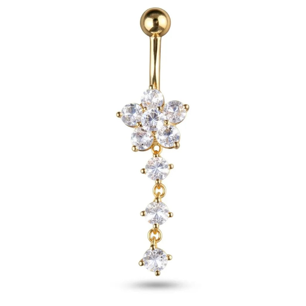 Gold plated 316L surgical steel belly bar featuring a crystal flower design and sparkling dangle droplets