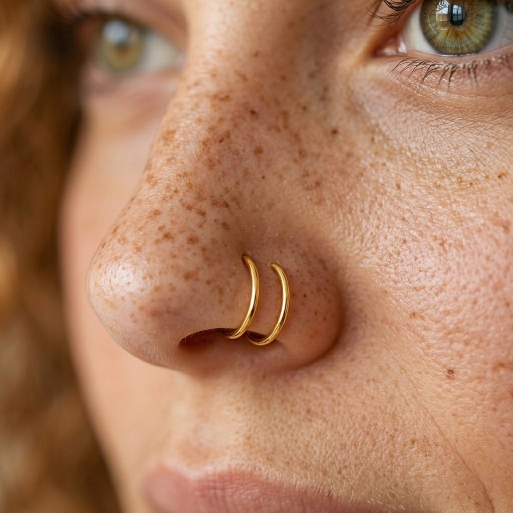 A close-up of a person's nose wearing a pair of thin gold hoop nose rings.