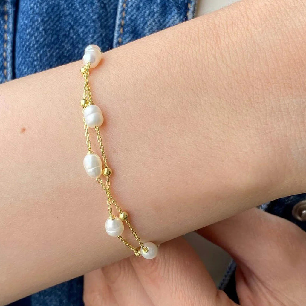 Gold Filled Double Chain Baroque Pearl Bracelet