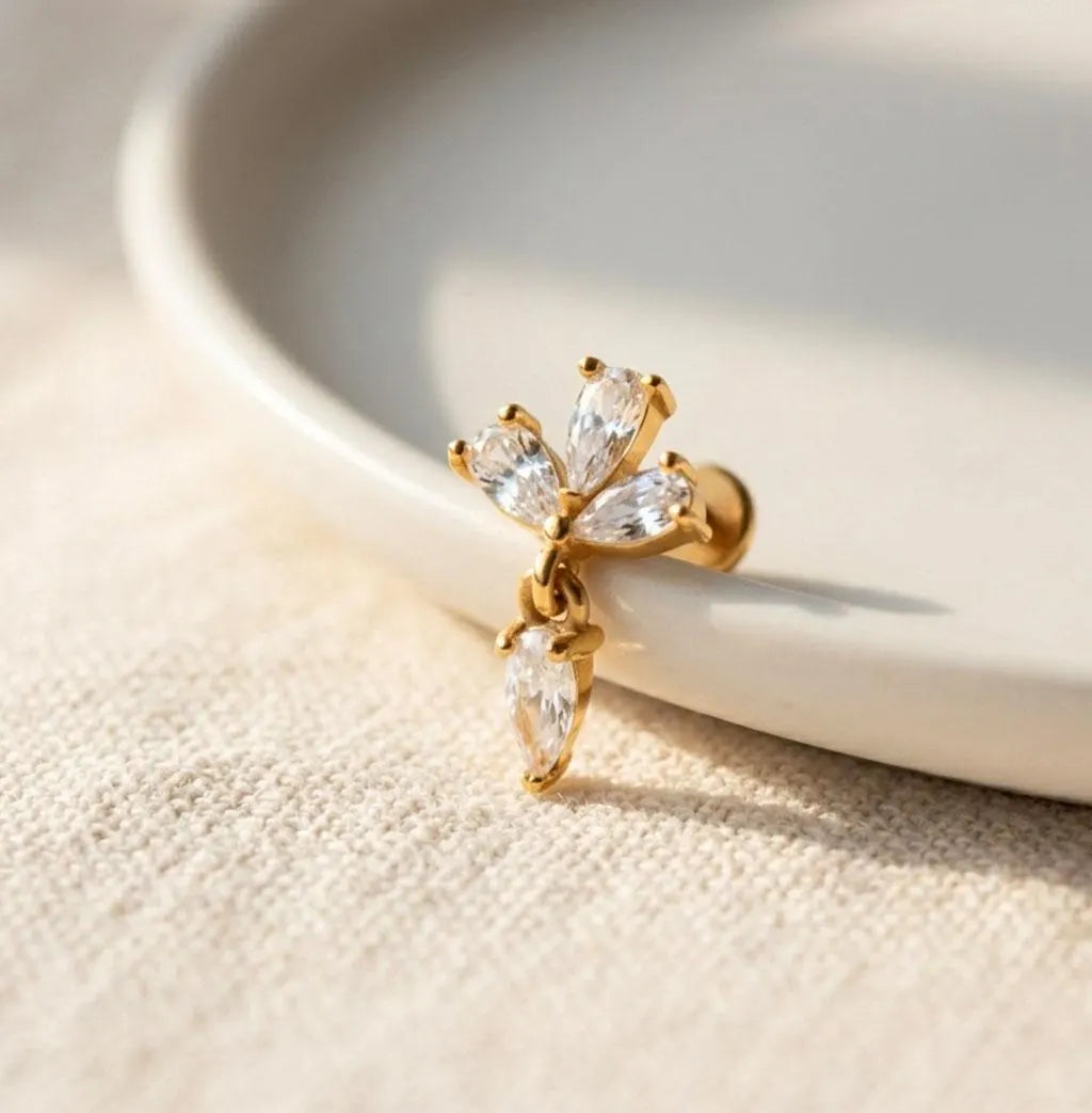 Floral CZ Dangle Tragus Piercing | Crystal Flat Back Labret Stud