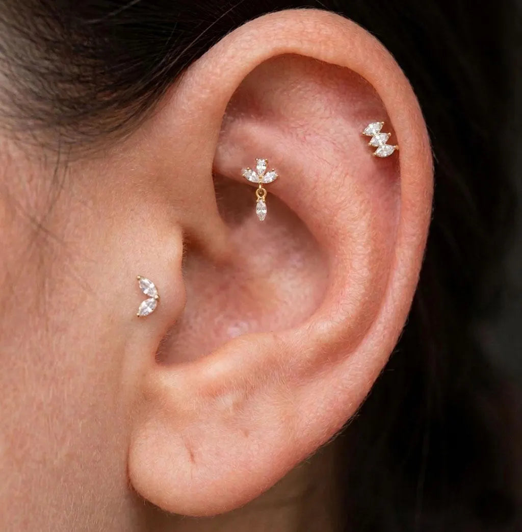 Floral CZ Dangle Tragus Piercing | Crystal Flat Back Labret Stud