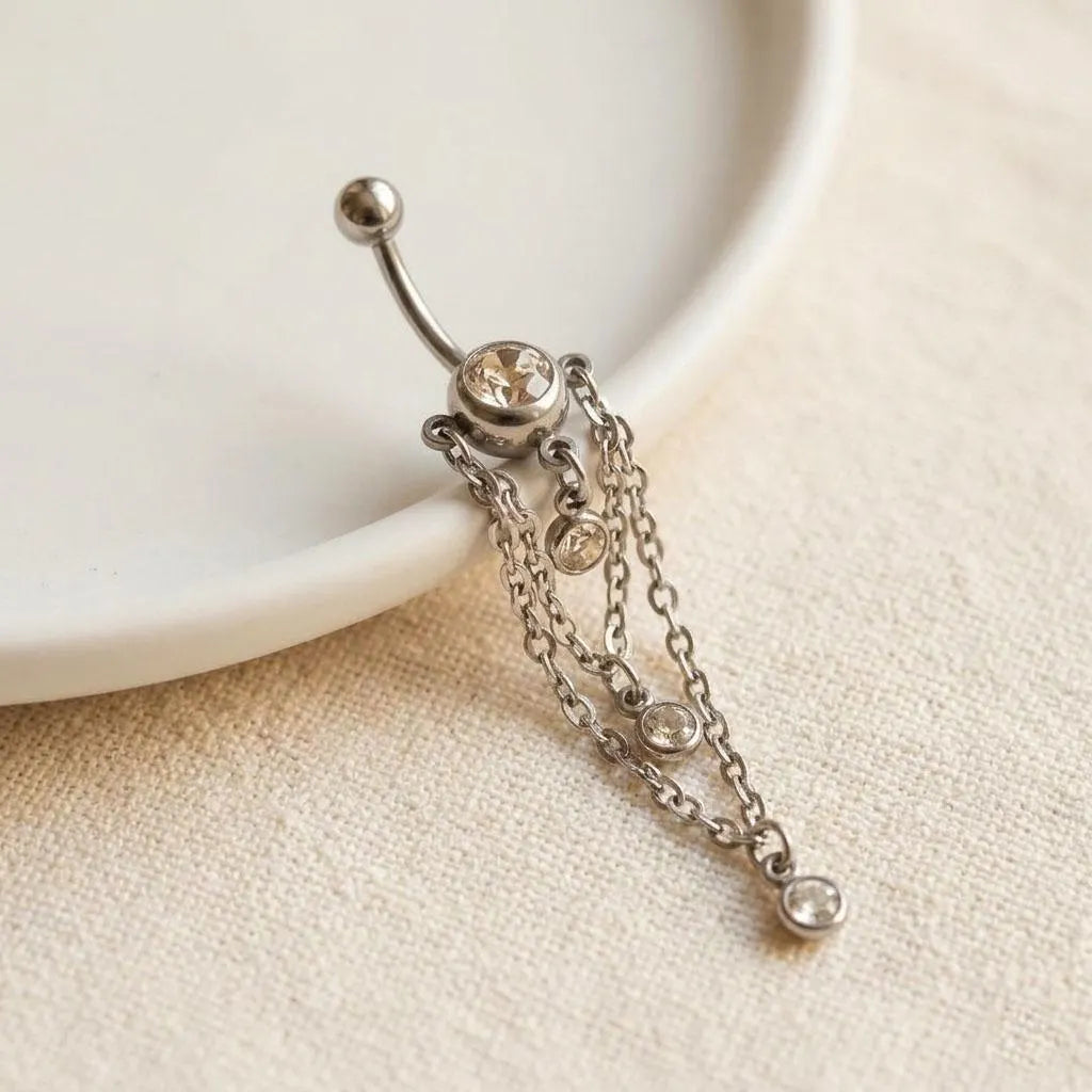 Double Drop Chain Cubic Zirconia Belly Bar | 10mm Navel Piercing