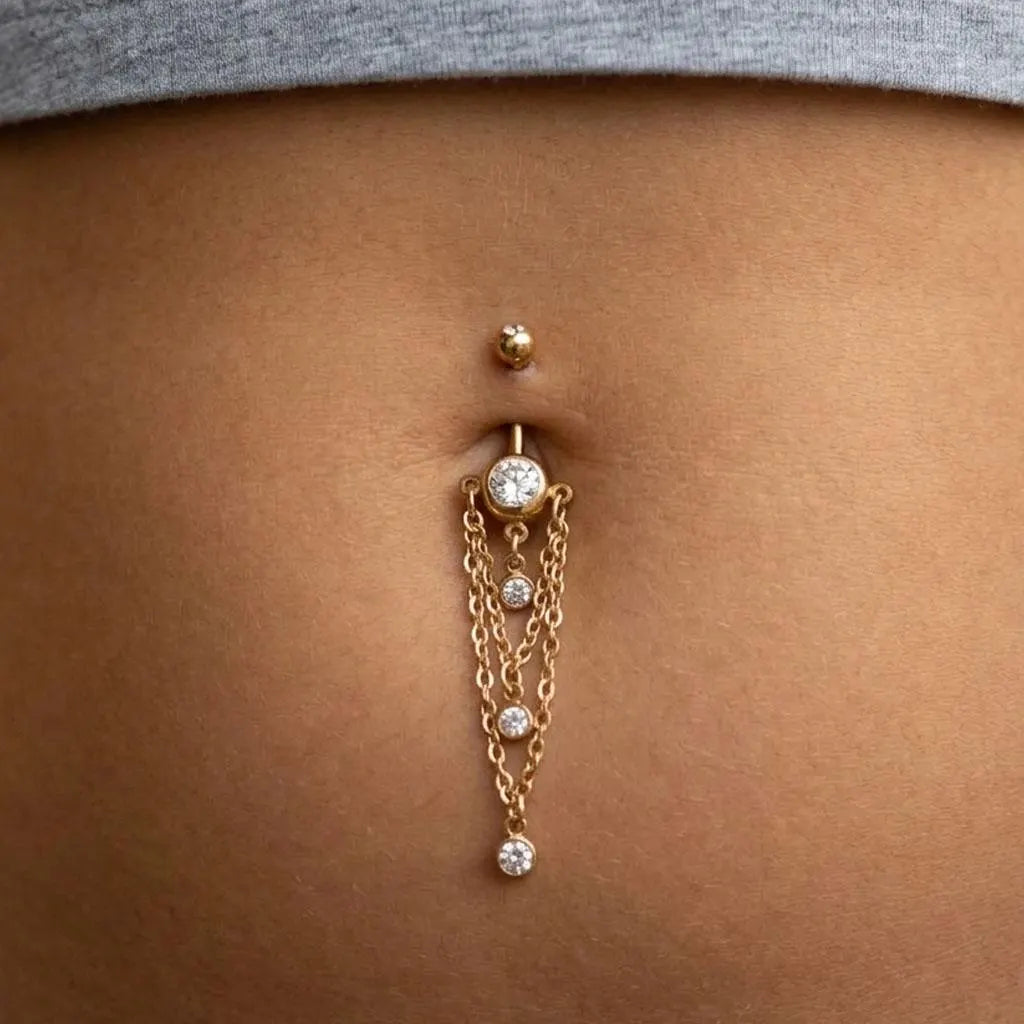 Double Drop Chain Cubic Zirconia Belly Bar | 10mm Navel Piercing