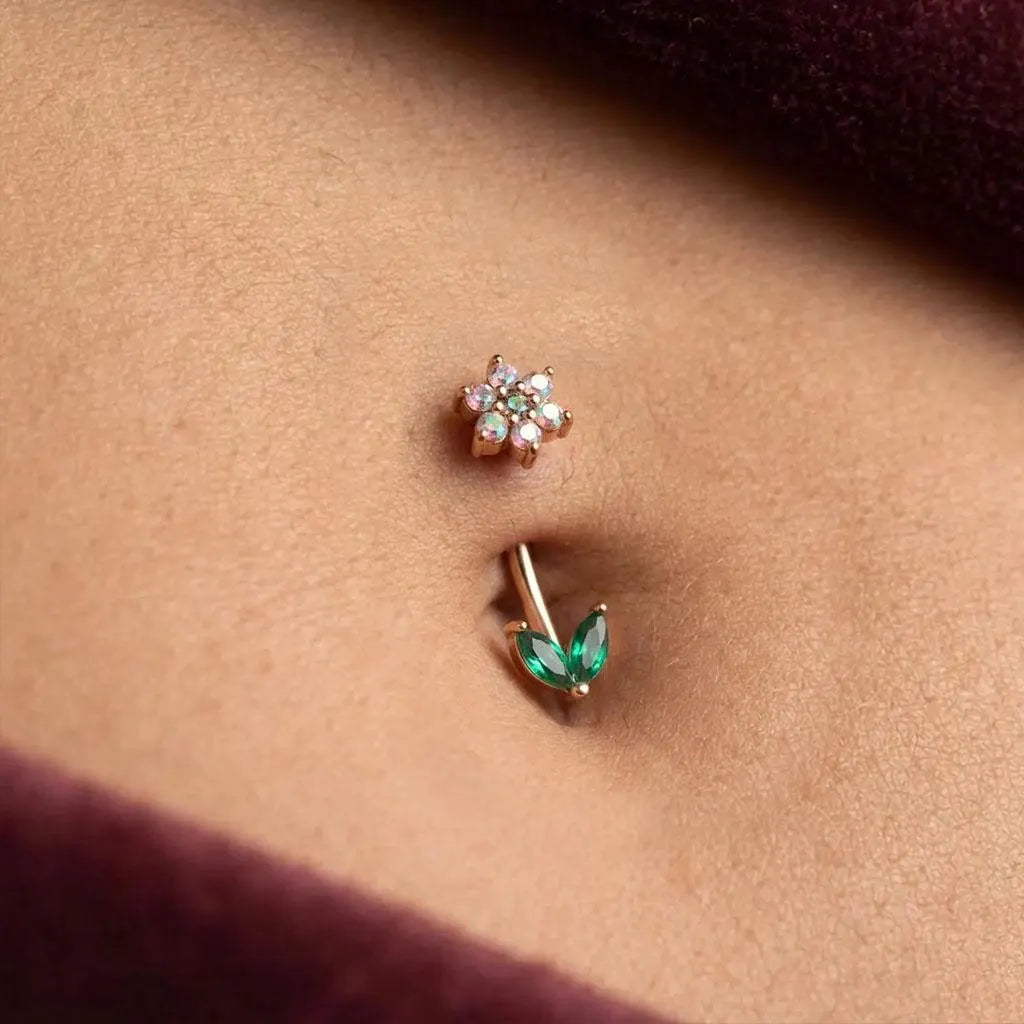 Crystal Flower Belly Bar | 316L Surgical Steel Navel Piercing | Flower & Leaf Design