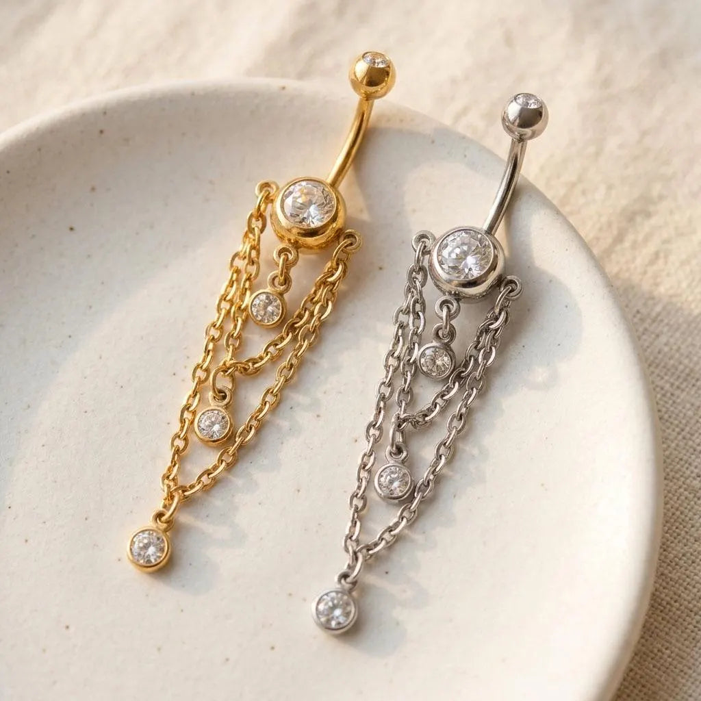 Double Drop Chain Cubic Zirconia Belly Bar | 10mm Navel Piercing