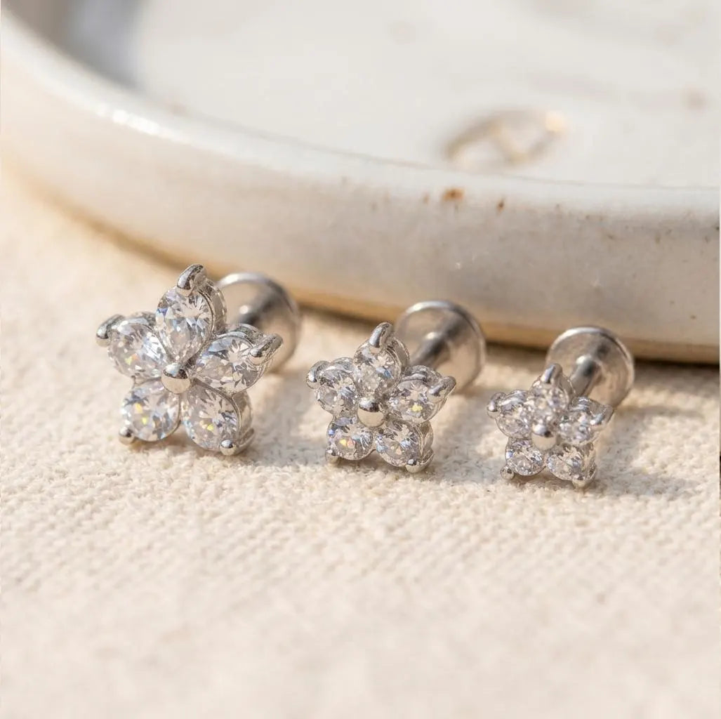 Flower CZ Tragus Piercing | Cubic Zirconia Flat Back Labret Stud