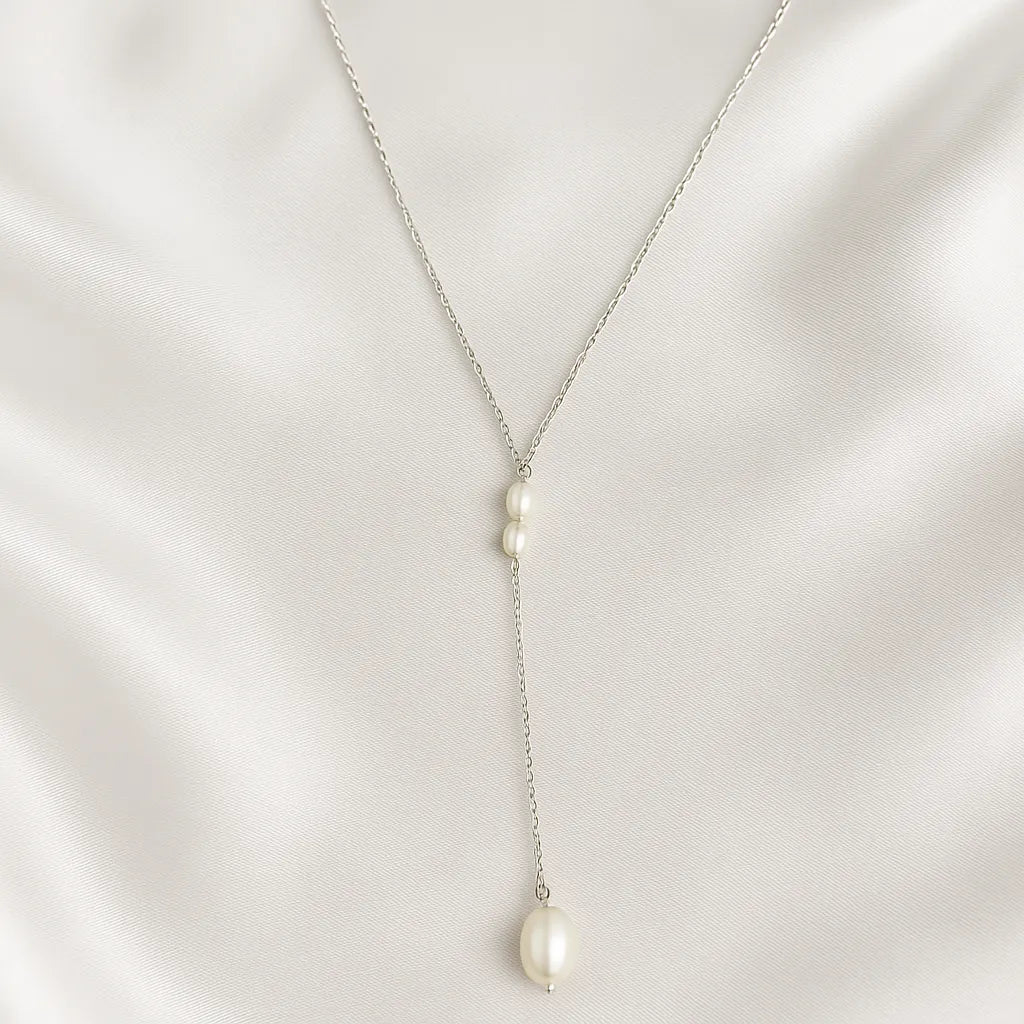 Solea Alba Silver Large Lariat Pearl Necklace