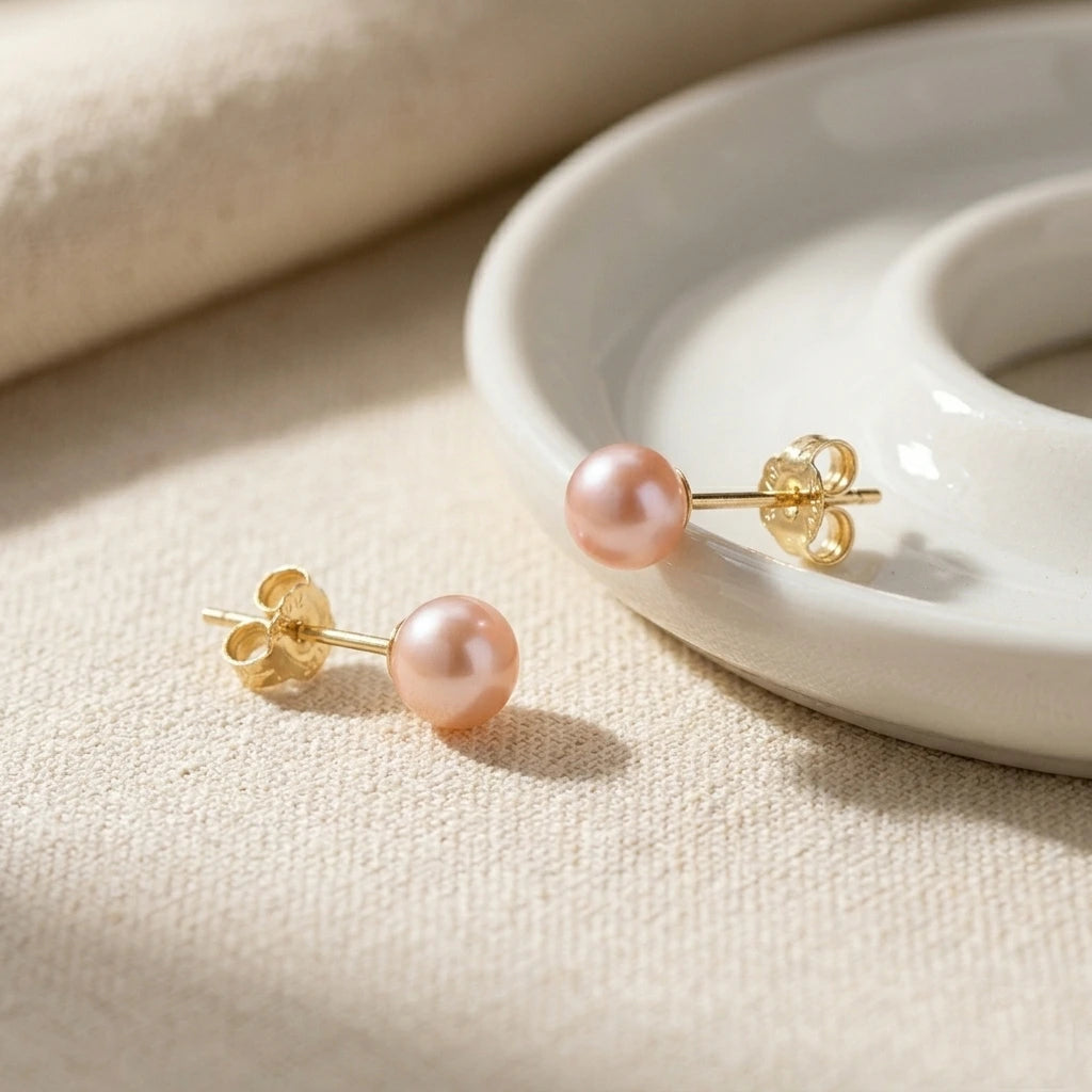 Pair of pink pearl earrings with gold posts on a beige surface.