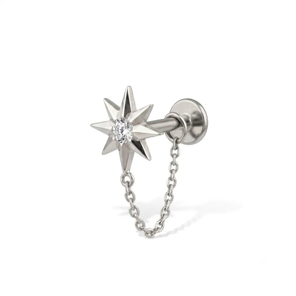 North Star Chain CZ Tragus Piercing | Crystal Flat Back Labret Stud