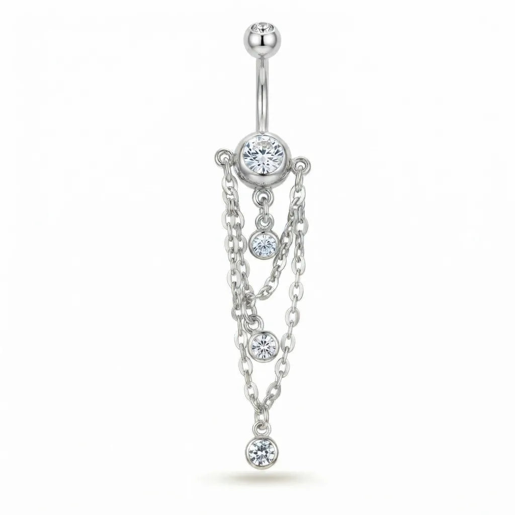 Double Drop Chain Cubic Zirconia Belly Bar | 10mm Navel Piercing