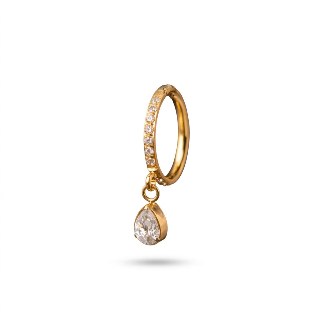 G23 titanium gold pavé hoop piercing ring with bezel-set teardrop CZ charm, 8mm 1.2mm gauge
