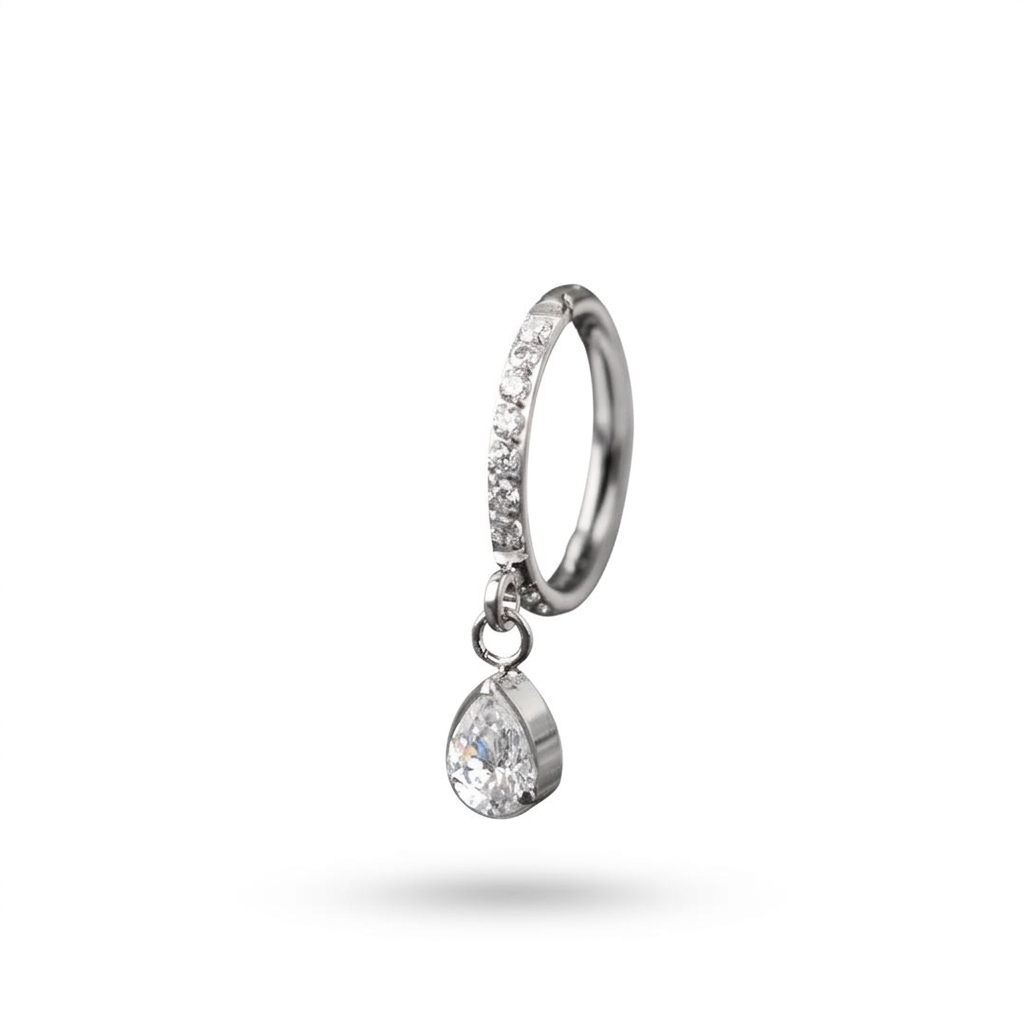 G23 titanium silver pavé hoop piercing ring with bezel-set teardrop CZ charm, 8mm 1.2mm gauge