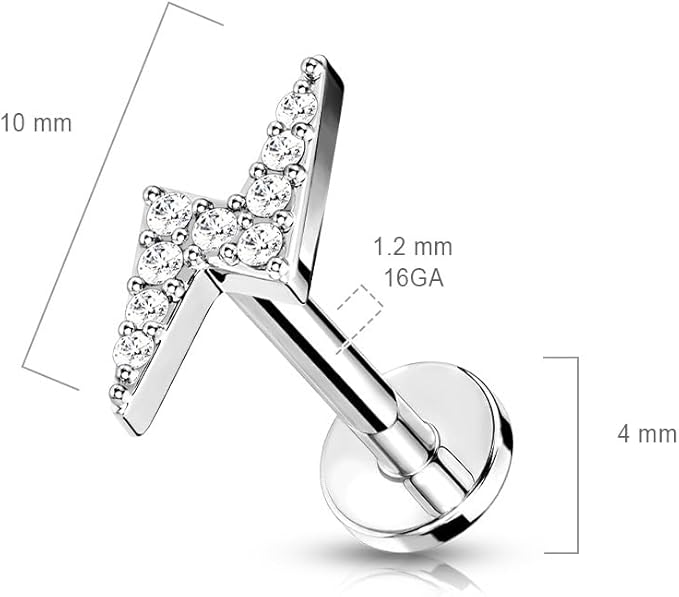 Silver Lightning Design Tragus Piercing with Sparkling Stones