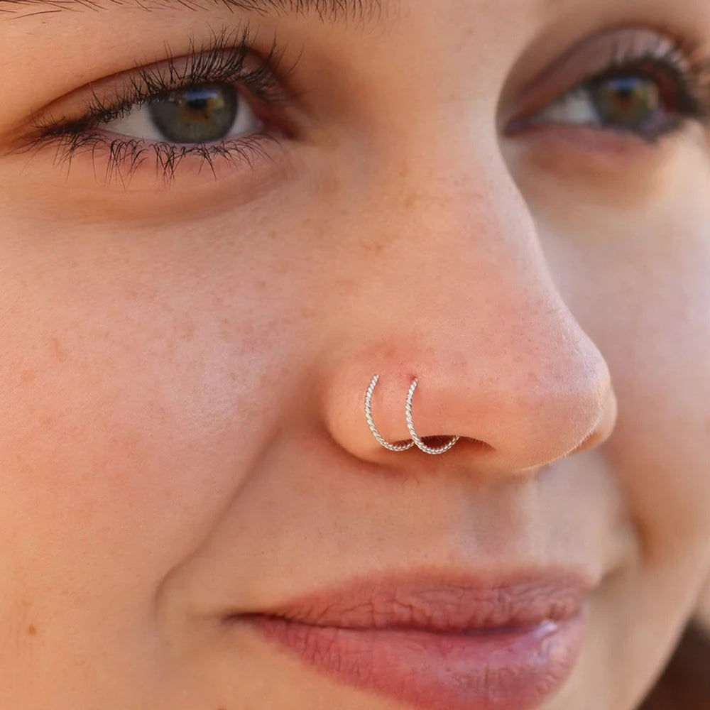 Twisted Spiral Double Hoop Nose Ring and Nose Piercing