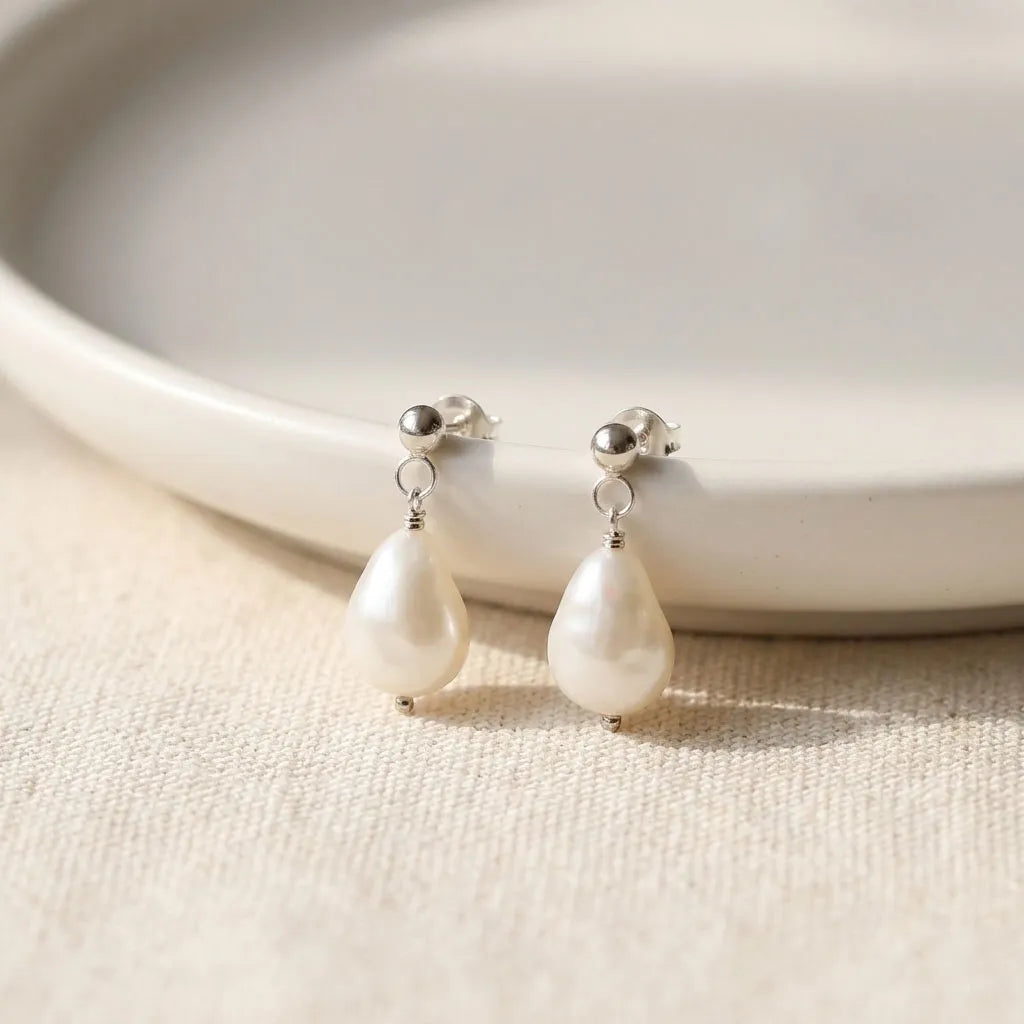Vita Perlata 925 sterling silver baroque freshwater pearl stud drop earrings, handmade in the UK